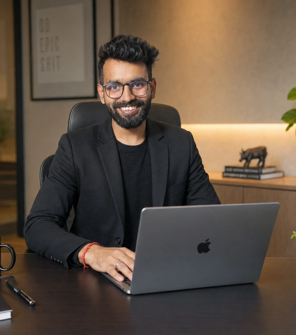Sanjay, founder of Tagsil, seated at his desk with a laptop.
